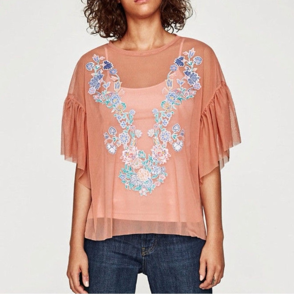 Zara Sheer Embroidered Floral Top